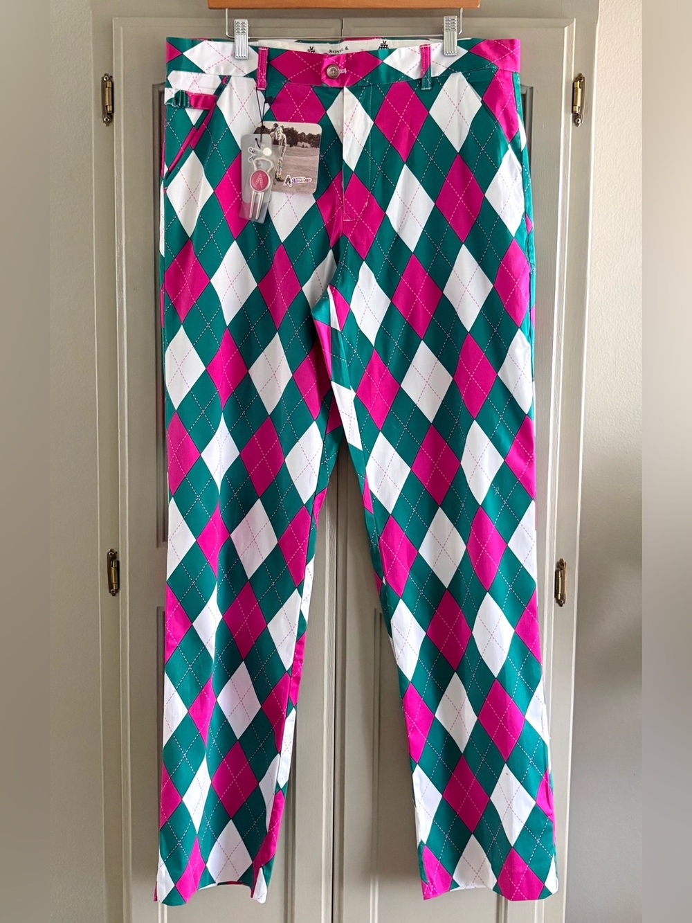ROYAL & AWESOME Golf Pants | Par-Gyle | Masters Green & Hot Pink | Size 36/34 - Picture 2 of 9